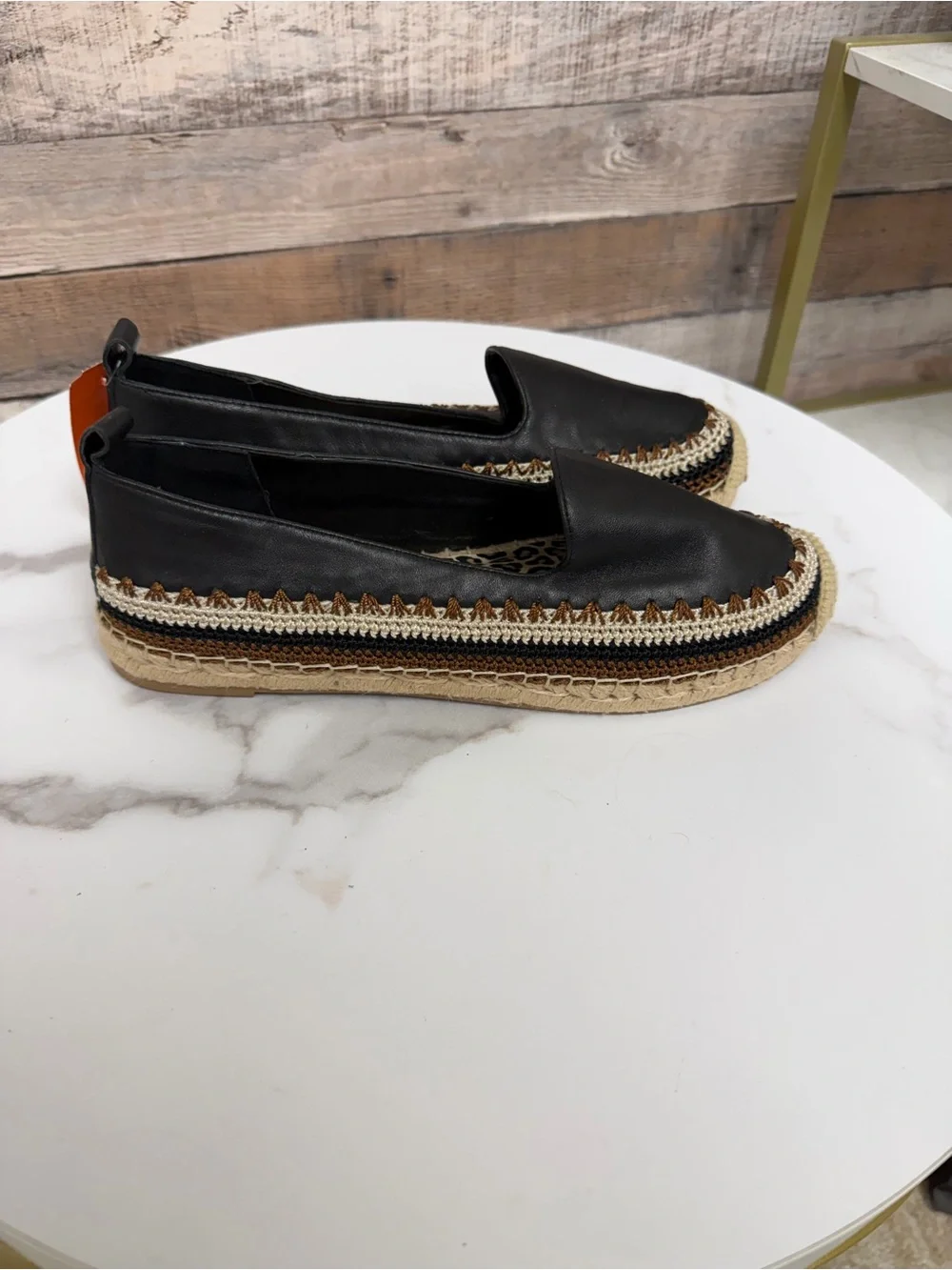 Chico's Black Leather Espadrille Slip on Flats